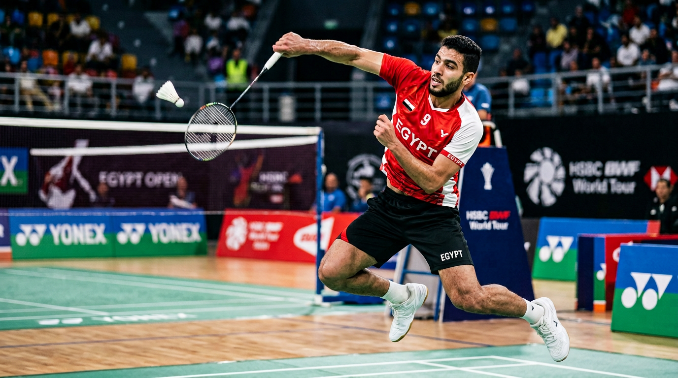 لاعب بادمنتون يؤدي ضربة سماش قوية