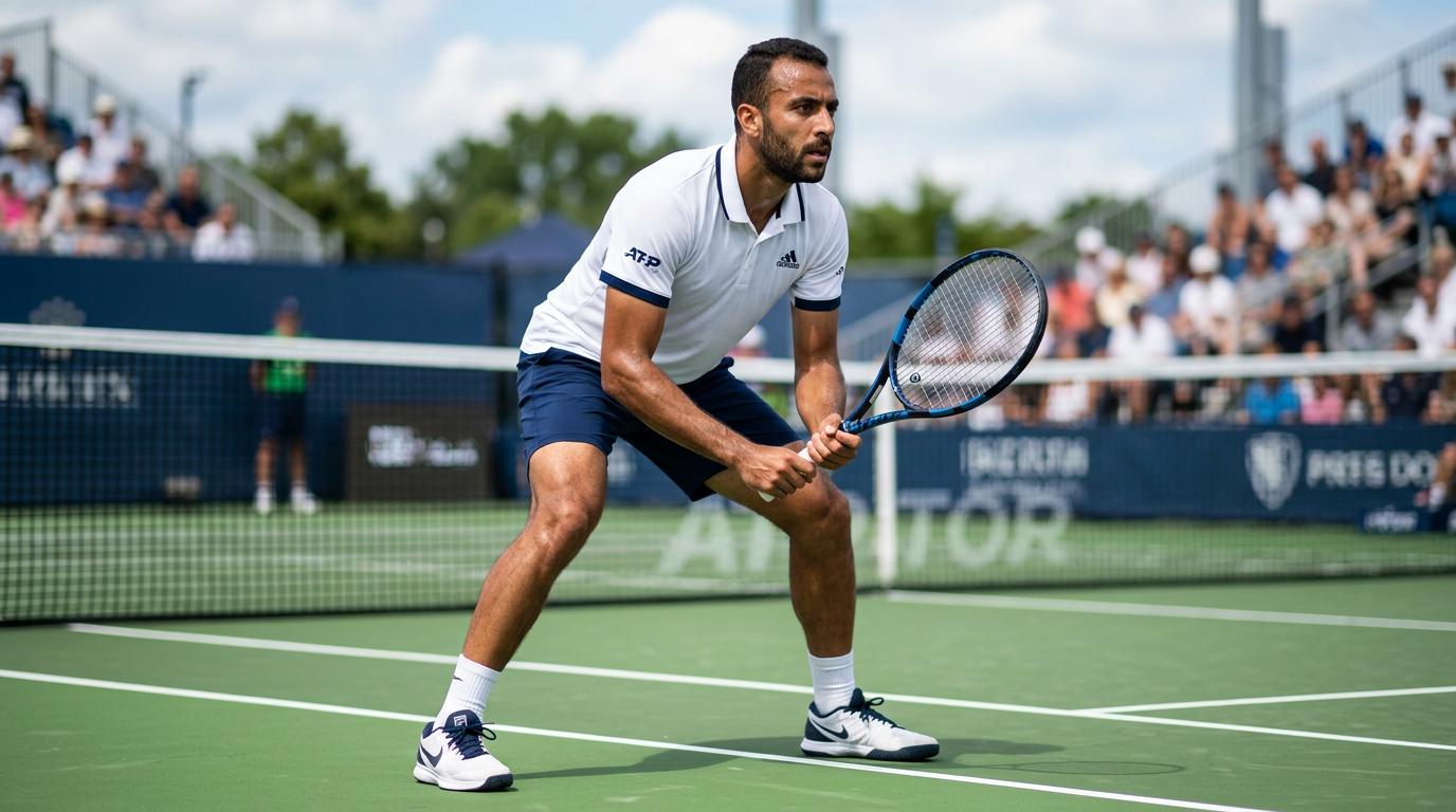 لاعب تنس محترف يمارس التدريب في ملعب احترافي