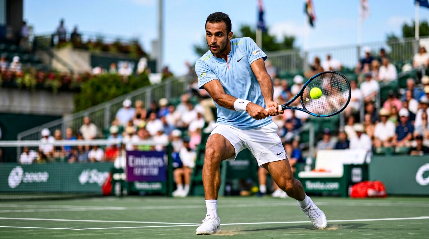 لاعب تنس يمارس تقنية الضربة الأمامية